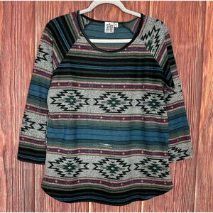 Parsley & Sage Multicolor Geometric Aztec Long Sleeve Top Womens Large L